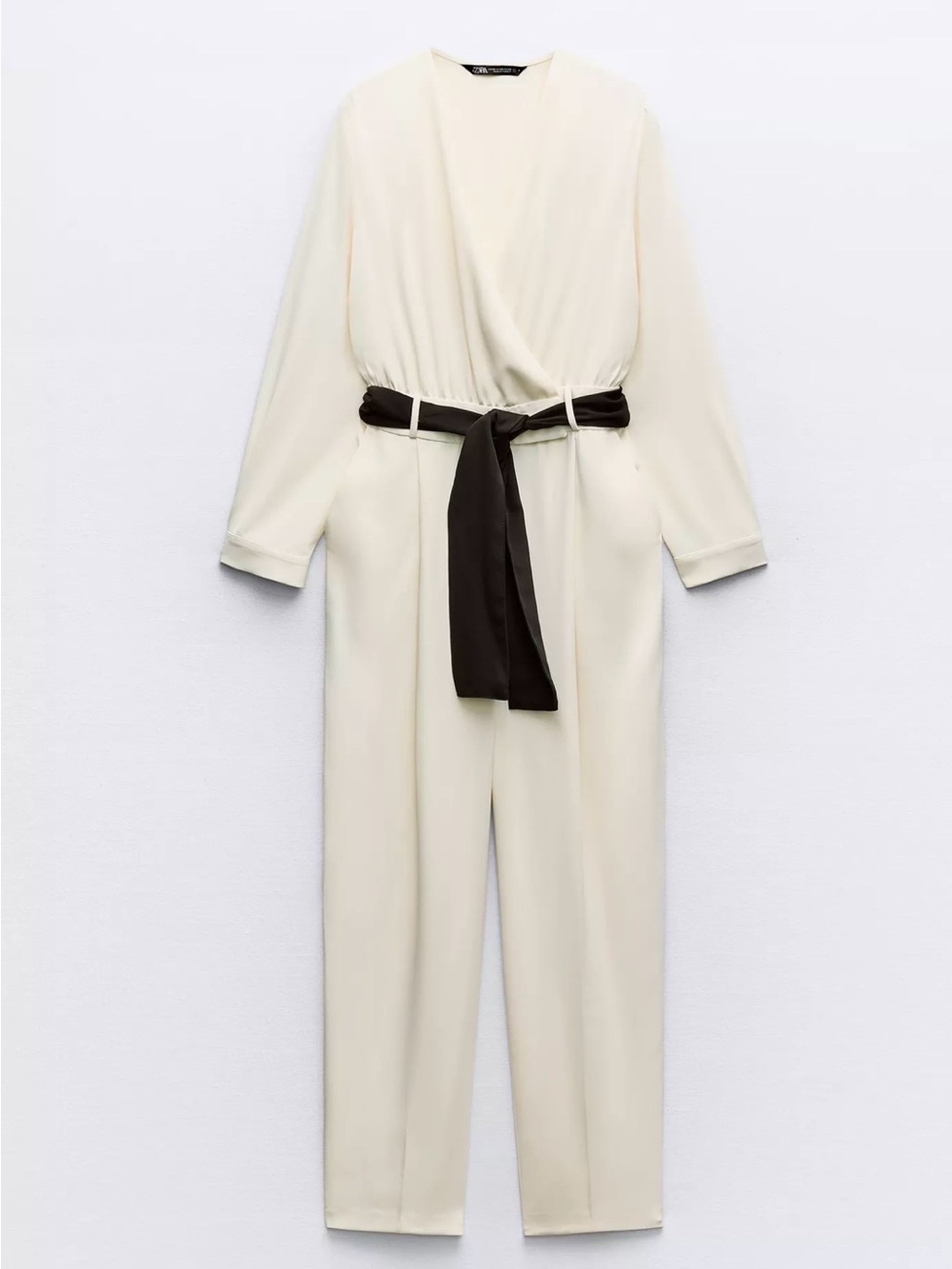 Zara Cream Wrap Jumpsuit with Black Tie Belt